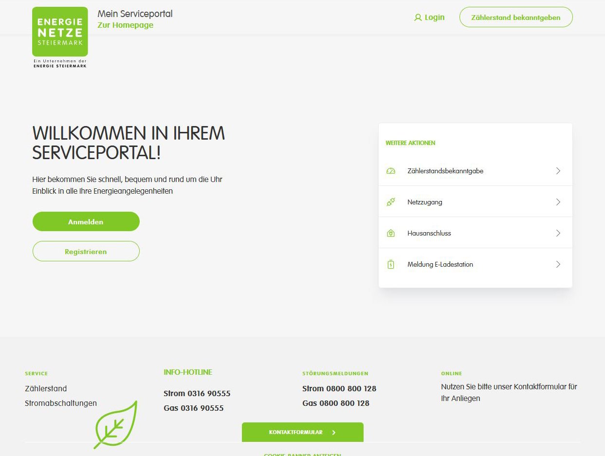 Startseite des Serviceportals der Energienetze Steiermark mit den Knöpfen Anmelden und Registrieren