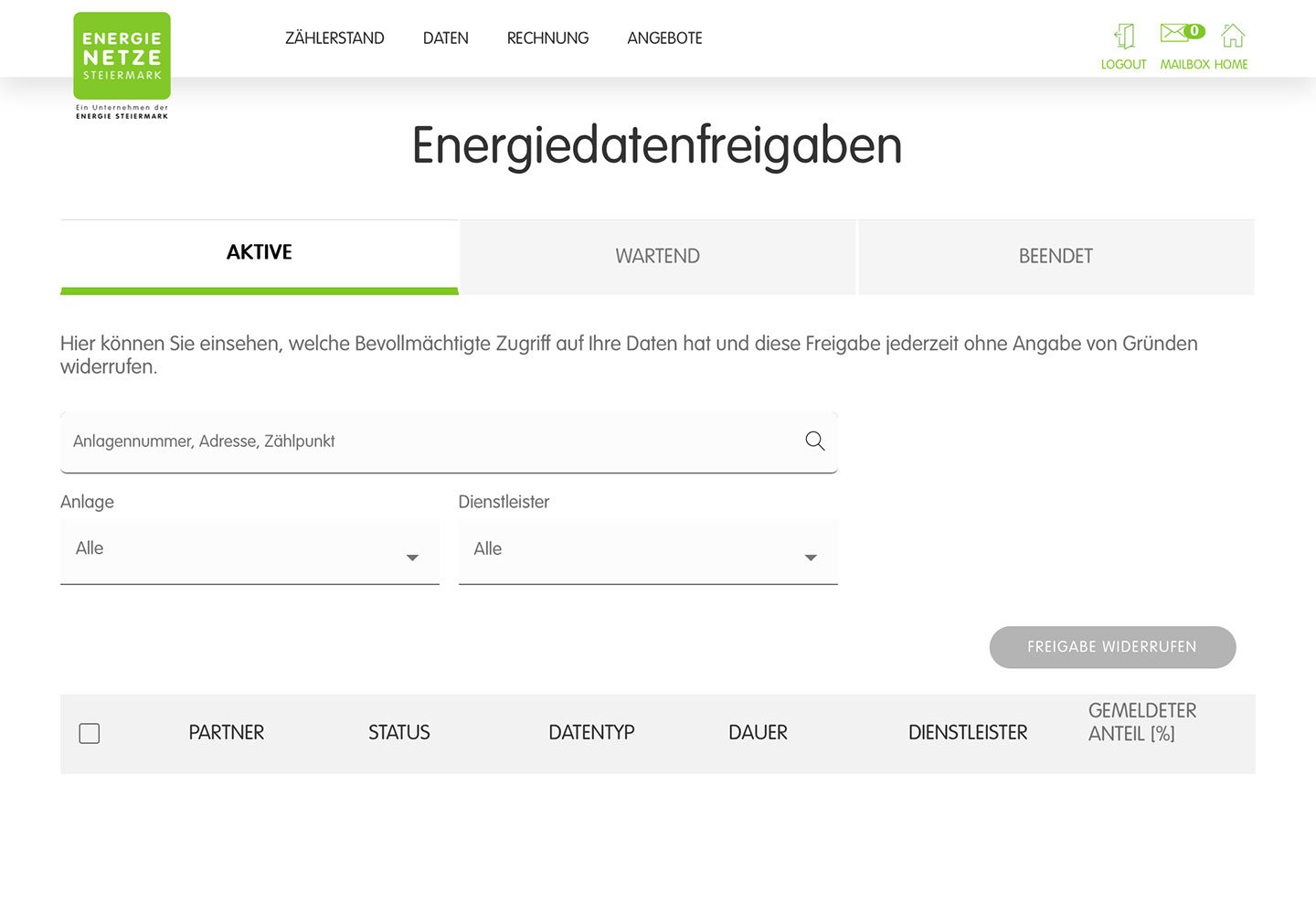Energiedatenfreigaben, Reiter Aktive, noch ohne Einträge