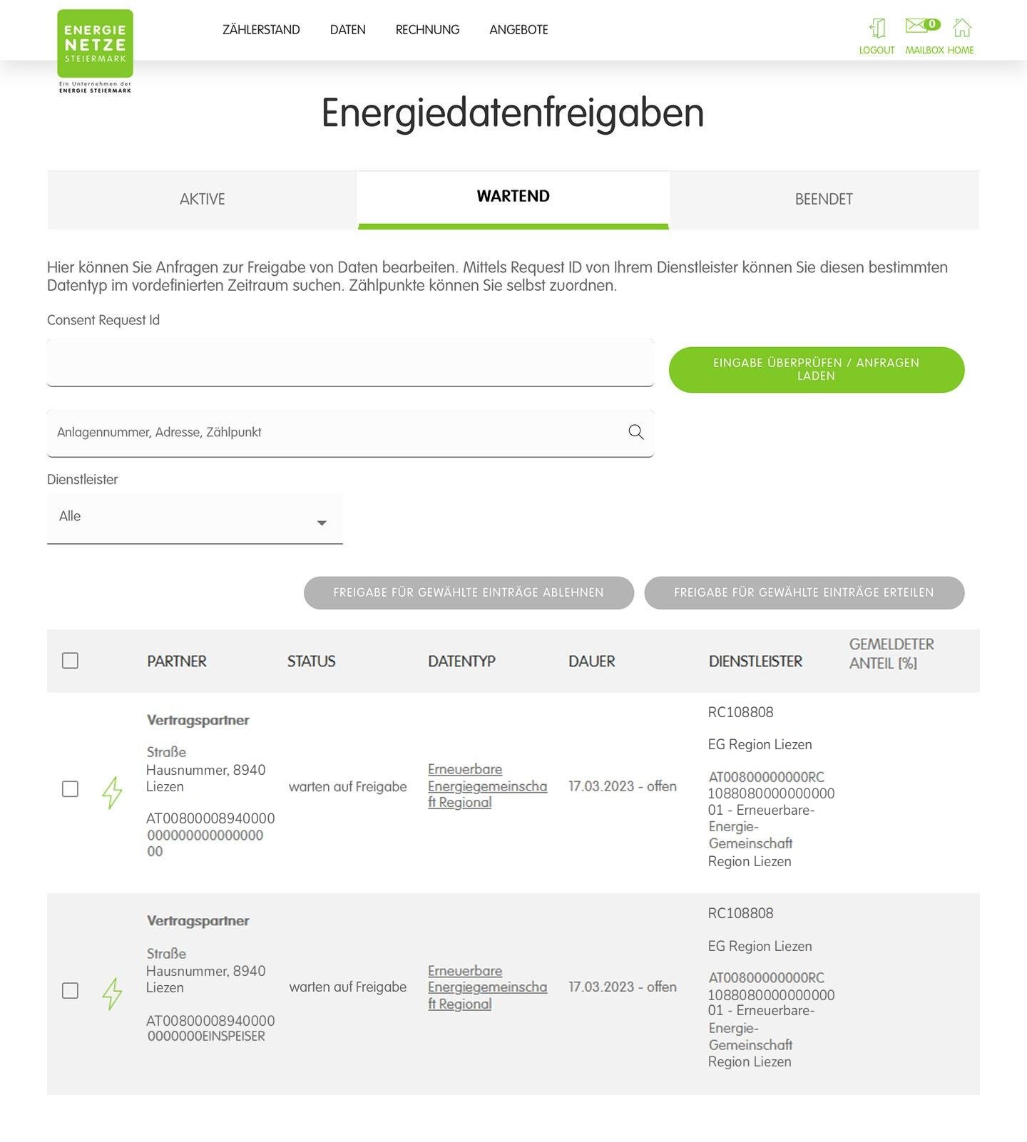 Reiter Wartend mit zwei Anfragen der EG Region Liezen, Status warten auf Freigabe