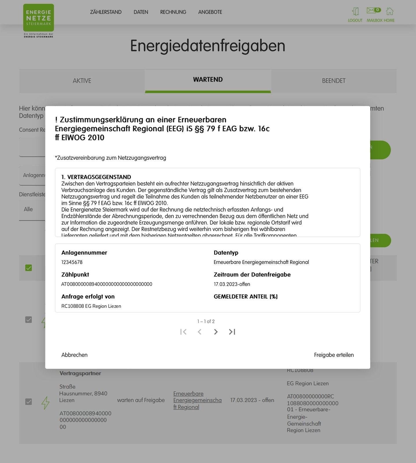 Fenster Zustimmungserklärung mit Zählpunkt, Anfrage von RC108808 EG Region Liezen und dem Link Freigabe erteilen rechts unten