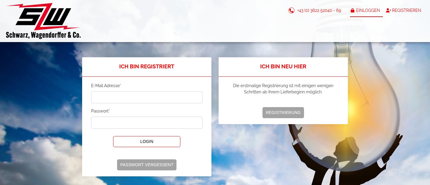 Anmeldeseite des Kundenportals von Schwarz, Wagendorffer & Co.: links „Ich bin registriert“ mit Login, rechts „Ich bin neu hier“ mit dem Knopf „Registrierung“.