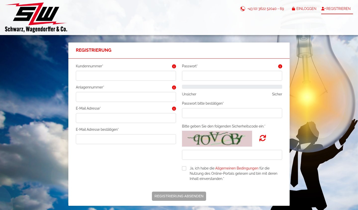 Registrierformular mit Kundennummer, Anlagennummer, E-Mail-Adresse samt Bestätigung, Passwort samt Bestätigung, Sicherheitscode, Häkchen für die Allgemeinen Bedingungen und dem Knopf „Registrierung absenden“.