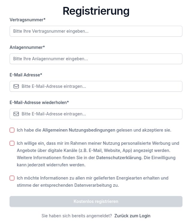 Registrierformular des Kundenportals mit den Feldern Vertragsnummer, Anlagennummer, E-Mail-Adresse und E-Mail-Adresse wiederholen, drei Häkchen und dem Knopf „Kostenlos registrieren“.