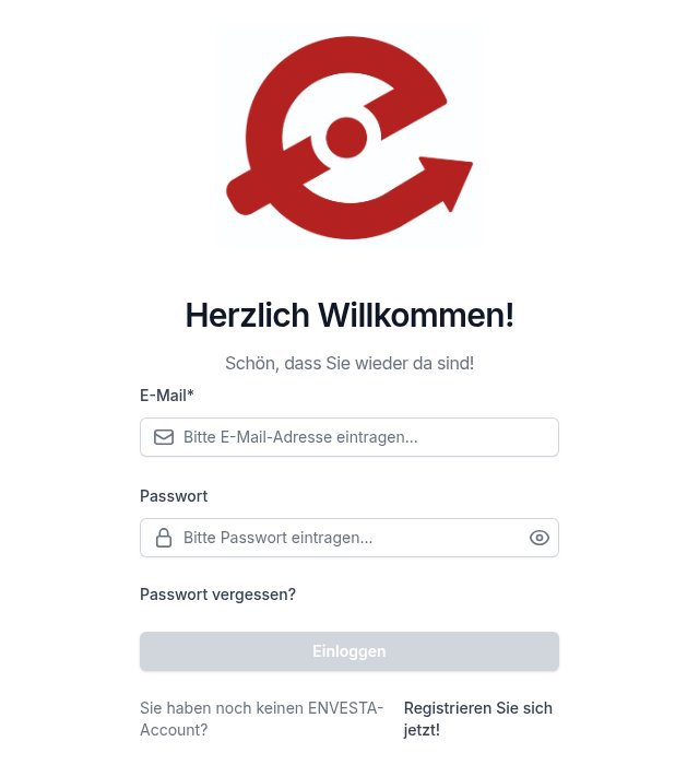 Anmeldeseite des ENVESTA Kundenportals mit Logo, E-Mail- und Passwortfeld; unten der Verweis „Registrieren Sie sich jetzt!“.