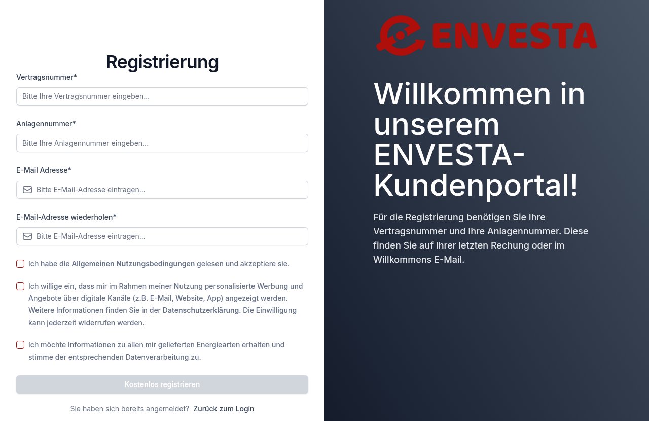 Registrierformular des ENVESTA Kundenportals mit den Feldern Vertragsnummer, Anlagennummer, E-Mail-Adresse und E-Mail-Adresse wiederholen, drei Häkchen und dem Knopf „Kostenlos registrieren“.