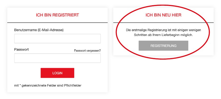 Einstiegsseite des IKB-Kundenportals: links „Ich bin registriert“ mit Anmeldefeldern, rechts rot eingekreist „Ich bin neu hier“ mit dem Knopf „Registrierung“.