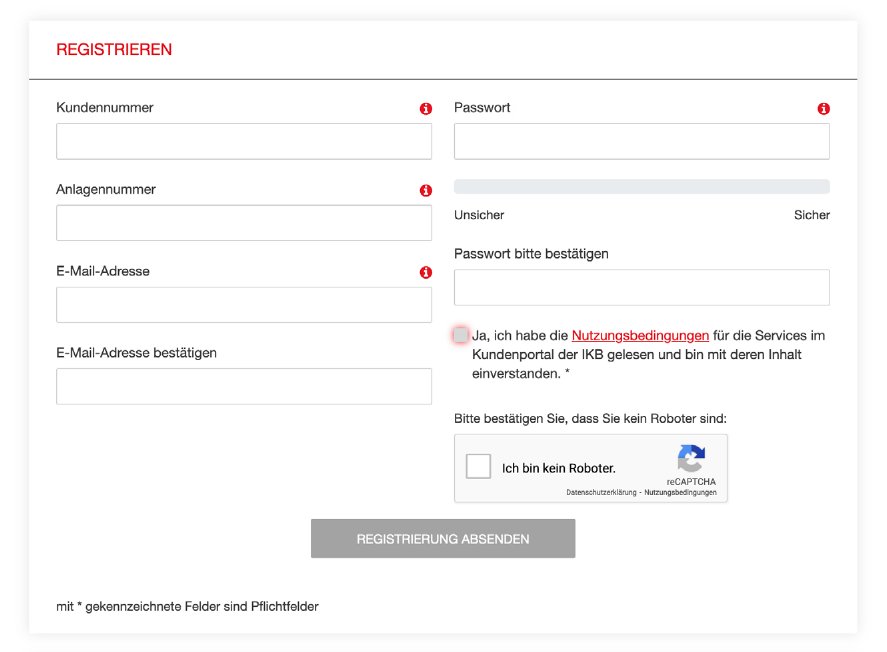 Formular „Registrieren“ mit Kundennummer, Anlagennummer, E-Mail-Adresse, Passwort, dem Häkchen für die Nutzungsbedingungen, „Ich bin kein Roboter“ und dem Knopf „Registrierung absenden“.
