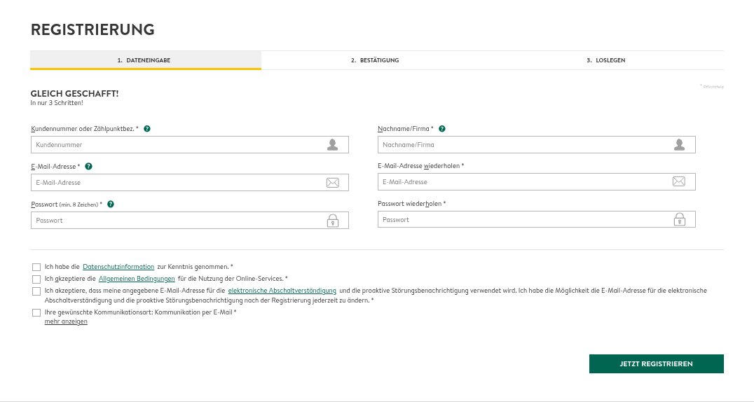 Registrierung in „Mein Portal“ von Kärnten Netz, Schritt 1 Dateneingabe: Felder Kundennummer oder Zählpunktbezeichnung, Nachname/Firma, E-Mail-Adresse (zweimal), Passwort (zweimal), vier Häkchen und der Knopf „Jetzt registrieren“.