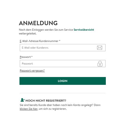 Anmeldeseite von „Mein Portal“ mit den Feldern E-Mail-Adresse/Kundennummer und Passwort und dem Knopf „Login“.