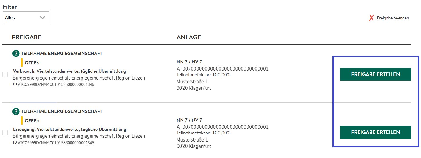 Liste der Datenfreigaben mit zwei offenen Anfragen „Teilnahme Energiegemeinschaft“ (Verbrauch und Erzeugung) der Energiegemeinschaft Region Liezen, je mit Zählpunkt, Musteradresse und dem Knopf „Freigabe erteilen“.