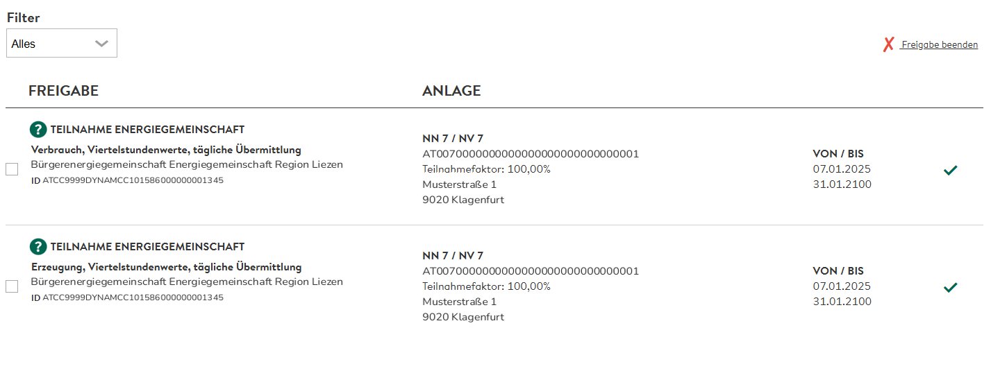 Liste der Datenfreigaben nach der Freigabe: beide Zählpunkte mit „Von / Bis“-Datum und grünem Haken.