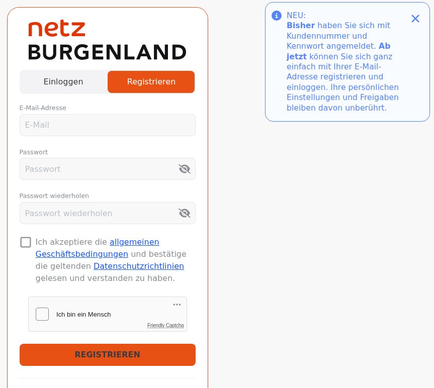 Anmeldeseite des Online Kundencenters von Netz Burgenland, Reiter „Registrieren“ mit E-Mail-Adresse, Passwort, Passwort wiederholen, Häkchen für die Geschäftsbedingungen und Knopf „Registrieren“; rechts der Hinweis, dass die Anmeldung jetzt mit E-Mail-Adresse statt Kundennummer läuft.
