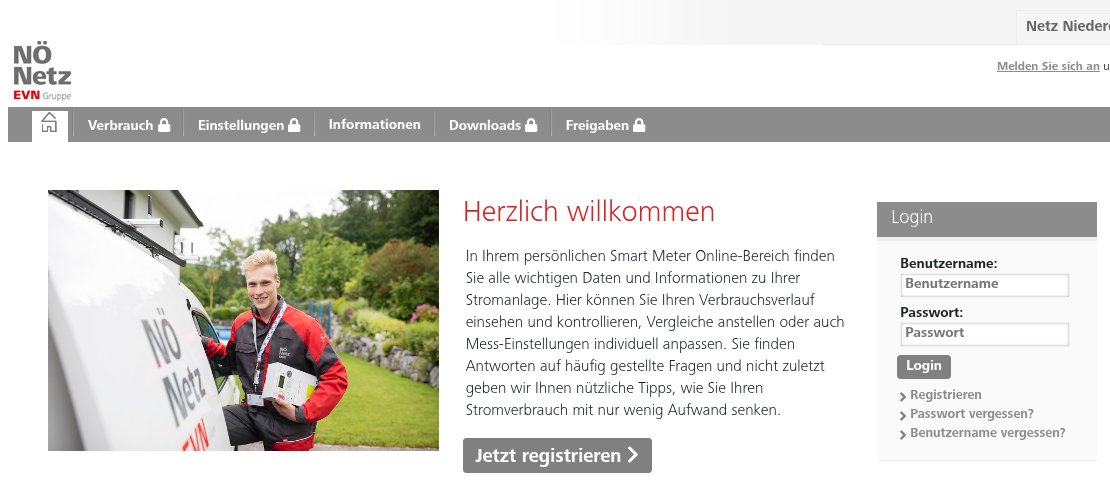 Startseite des Smart Meter Portals von Netz Niederösterreich mit dem Knopf „Jetzt registrieren“ und dem Login-Kasten rechts