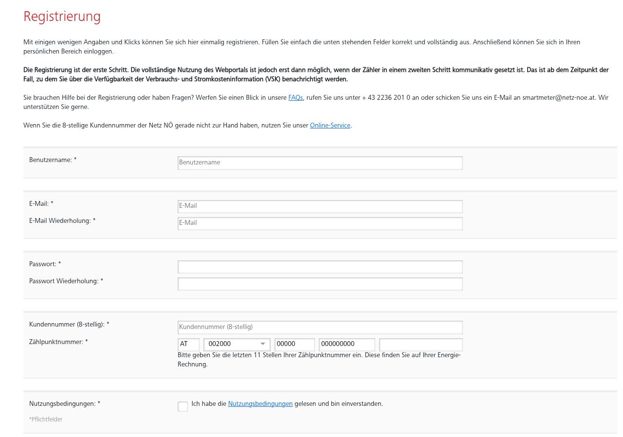 Registrierungsformular mit Feldern für Benutzername, E-Mail, Passwort, Kundennummer (8-stellig) und Zählpunktnummer, darunter die Nutzungsbedingungen