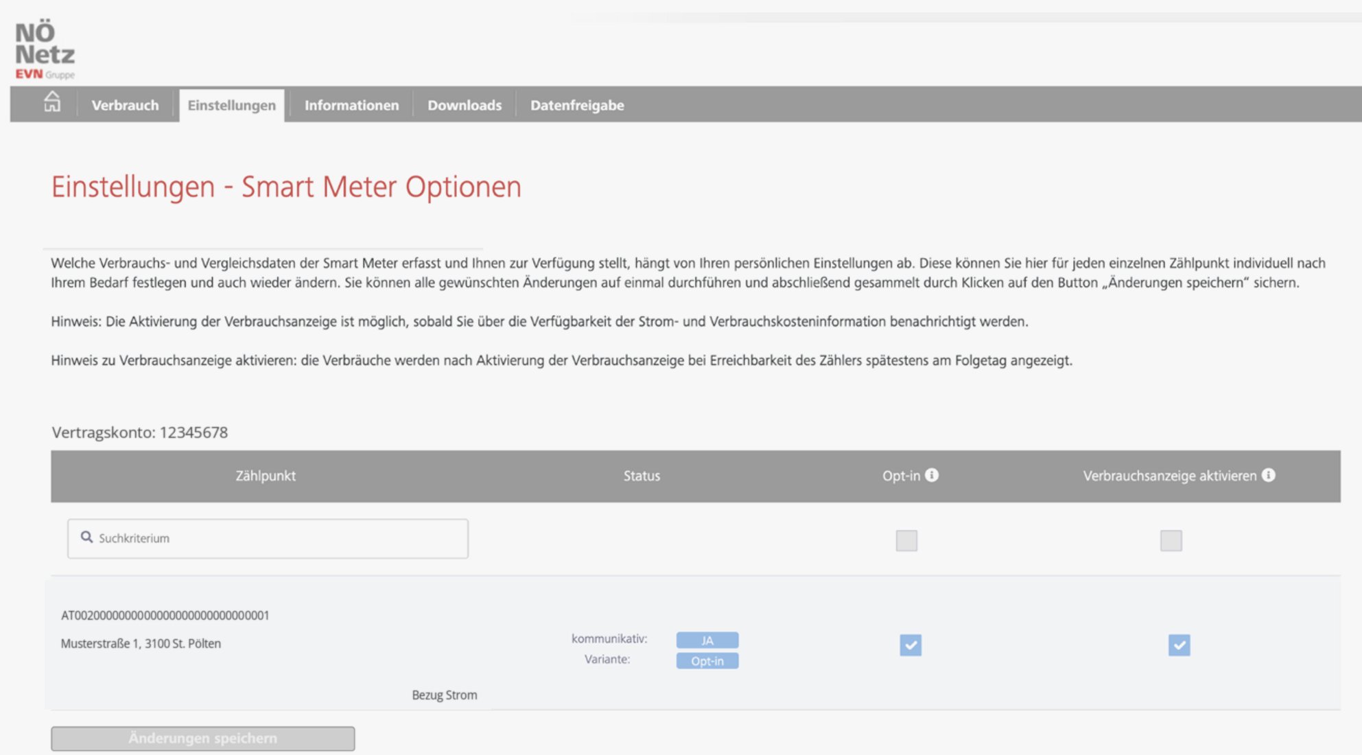Seite „Einstellungen – Smart Meter Optionen“ mit der Zählpunkttabelle und den Häkchen „Opt-in“ und „Verbrauchsanzeige aktivieren“; Beispiel-Zählpunkt in St. Pölten