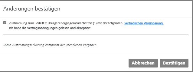 Fenster „Änderungen bestätigen“ mit gesetztem Häkchen „Ich habe die Vertragsbedingungen gelesen und akzeptiert“ und den Knöpfen Abbrechen und Bestätigen