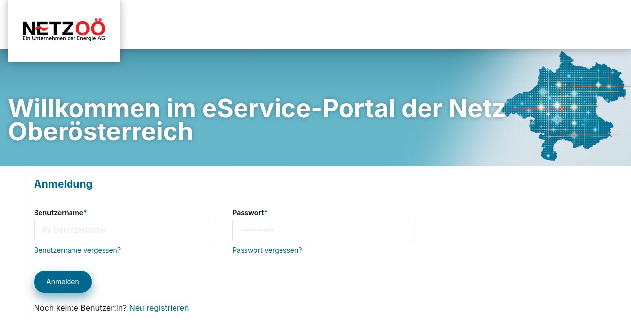 Anmeldeseite des eService-Portals der Netz Oberösterreich mit Benutzername, Passwort und dem Link „Neu registrieren“