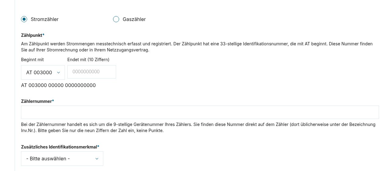 Registrierungsformular, oberer Teil: Auswahl Stromzähler, Zählpunkt (beginnt mit AT 003000, dazu die letzten 10 Ziffern), Zählernummer und Auswahlfeld „Zusätzliches Identifikationsmerkmal“