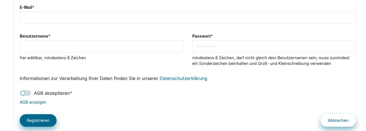 Registrierungsformular, unterer Teil: E-Mail, Benutzername, Passwort, Schalter „AGB akzeptieren“ und Knopf „Registrieren“