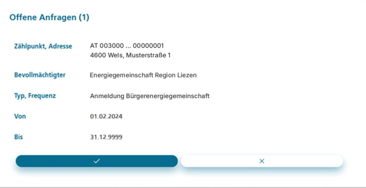 Kasten „Offene Anfragen (1)“ mit Zählpunkt und Adresse, Bevollmächtigter Energiegemeinschaft Region Liezen, Typ Anmeldung Bürgerenergiegemeinschaft, darunter ein blauer Knopf mit Häkchen und ein weißer mit X