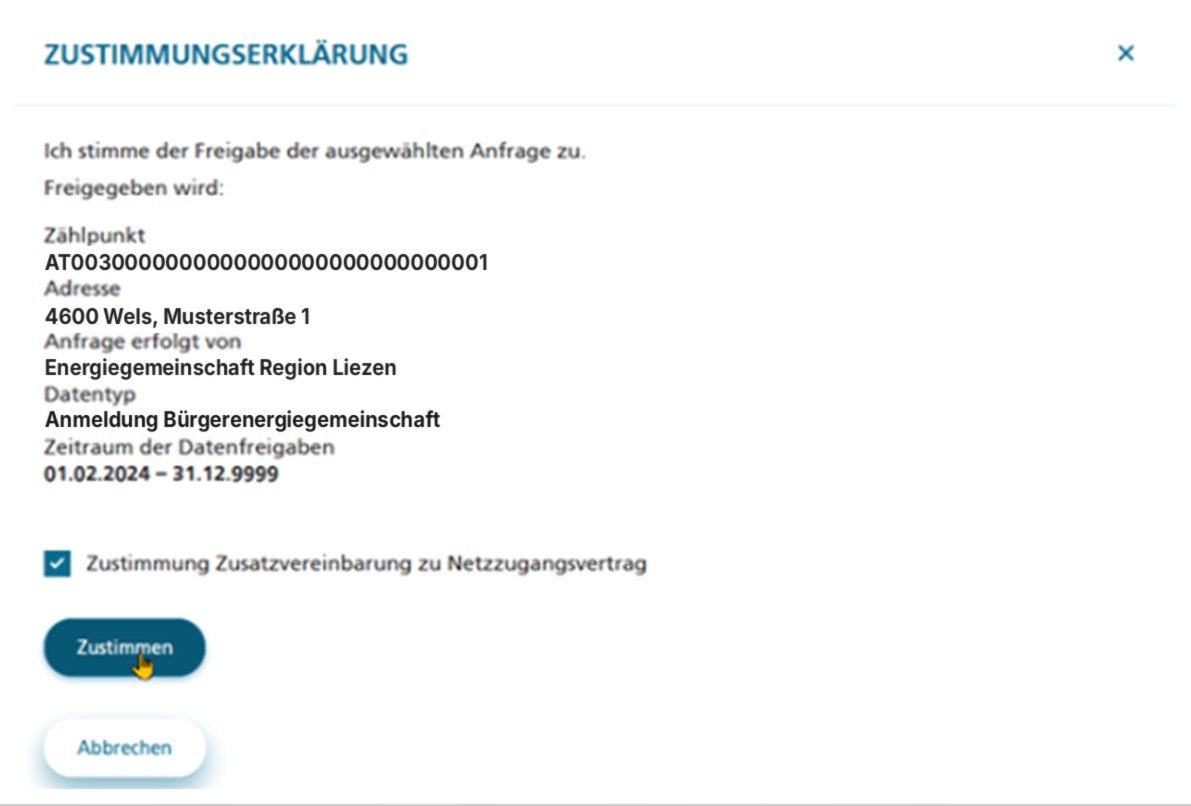 Fenster „Zustimmungserklärung“ mit Zählpunkt, Adresse, anfragender Gemeinschaft und Datentyp; Häkchen „Zustimmung Zusatzvereinbarung zu Netzzugangsvertrag“ gesetzt, darunter der Knopf „Zustimmen“