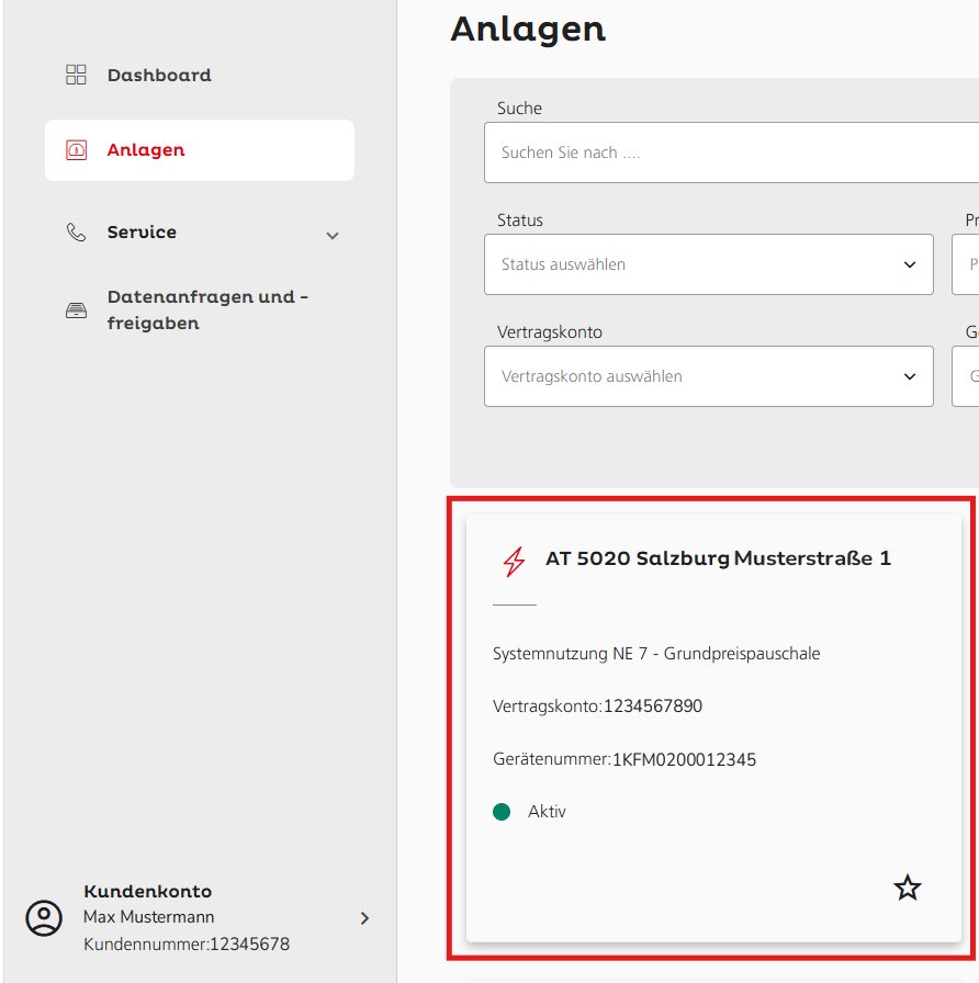 Seite „Anlagen“ mit einer Anlagenkachel „AT 5020 Salzburg Musterstraße 1“, Systemnutzung NE 7, Vertragskonto und Gerätenummer, Status Aktiv – die Kachel ist rot umrahmt.