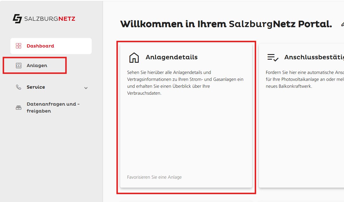 Startseite des Serviceportals: links das Menü mit „Anlagen“ (rot umrahmt), rechts die Kachel „Anlagendetails“ (rot umrahmt).