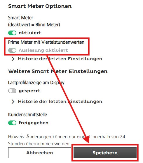 Derselbe Abschnitt mit eingeschaltetem Schalter „Auslesung aktiviert“; ein Pfeil zeigt auf den Knopf „Speichern“ unten rechts.