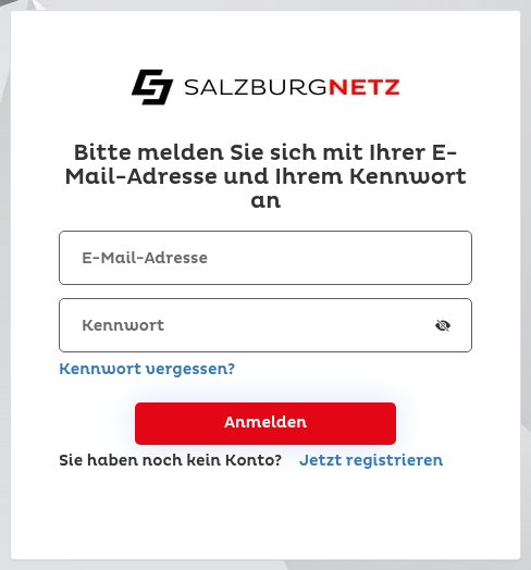 Anmeldeseite des Salzburg Netz Serviceportals mit Feldern für E-Mail-Adresse und Kennwort, dem Knopf „Anmelden“ und darunter dem Verweis „Jetzt registrieren“.