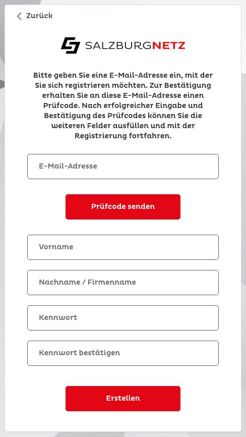 Registrierseite von Salzburg Netz: Feld E-Mail-Adresse mit Knopf „Prüfcode senden“, darunter Vorname, Nachname/Firmenname, Kennwort, Kennwort bestätigen und der Knopf „Erstellen“.