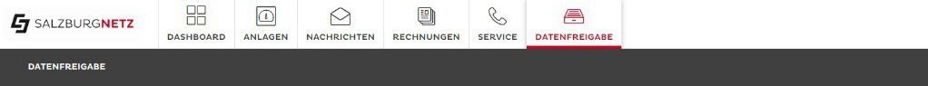 Kopfmenü des Serviceportals mit Dashboard, Anlagen, Nachrichten, Rechnungen, Service und rechts dem rot markierten Menüpunkt „Datenfreigabe“.