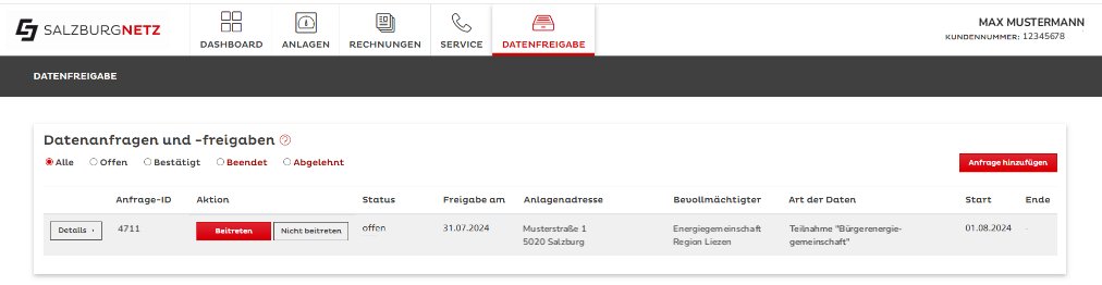 Übersicht „Datenanfragen und -freigaben“ mit einer offenen Anfrage: Knöpfe „Beitreten“ und „Nicht beitreten“, Status offen, Anlagenadresse Musterstraße 1, 5020 Salzburg, Bevollmächtigter Energiegemeinschaft Region Liezen.