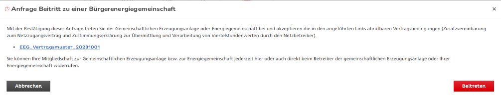 Fenster „Anfrage Beitritt zu einer Bürgerenergiegemeinschaft“ mit Hinweis auf die Vertragsbedingungen, Link zum Vertragsmuster und den Knöpfen „Abbrechen“ und „Beitreten“.