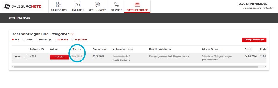 Übersicht nach dem Beitritt: Status „bestätigt“ blau eingekreist, Knopf „Austreten“, Bevollmächtigter Energiegemeinschaft Region Liezen.