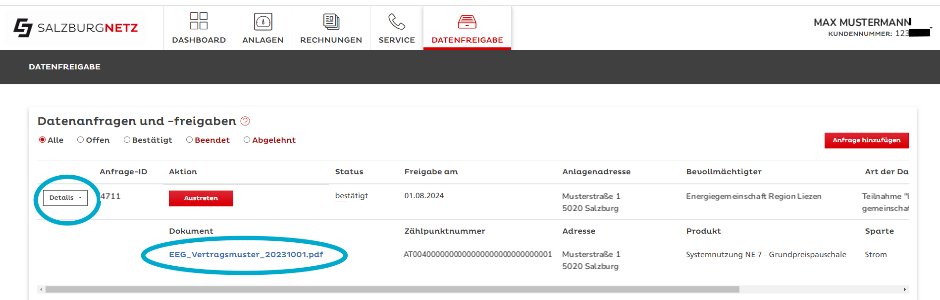 Aufgeklappte Details der bestätigten Anfrage mit dem Dokument „EEG_Vertragsmuster_20231001.pdf“, Zählpunktnummer, Adresse und Produkt.