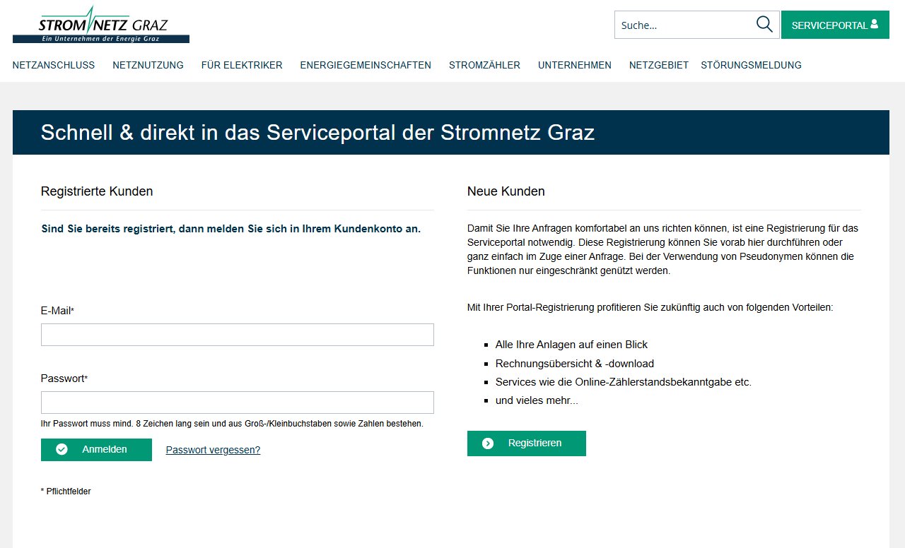 Anmeldeseite des Serviceportals der Stromnetz Graz: links Anmeldung mit E-Mail und Passwort, rechts unter „Neue Kunden“ der grüne Knopf „Registrieren“.