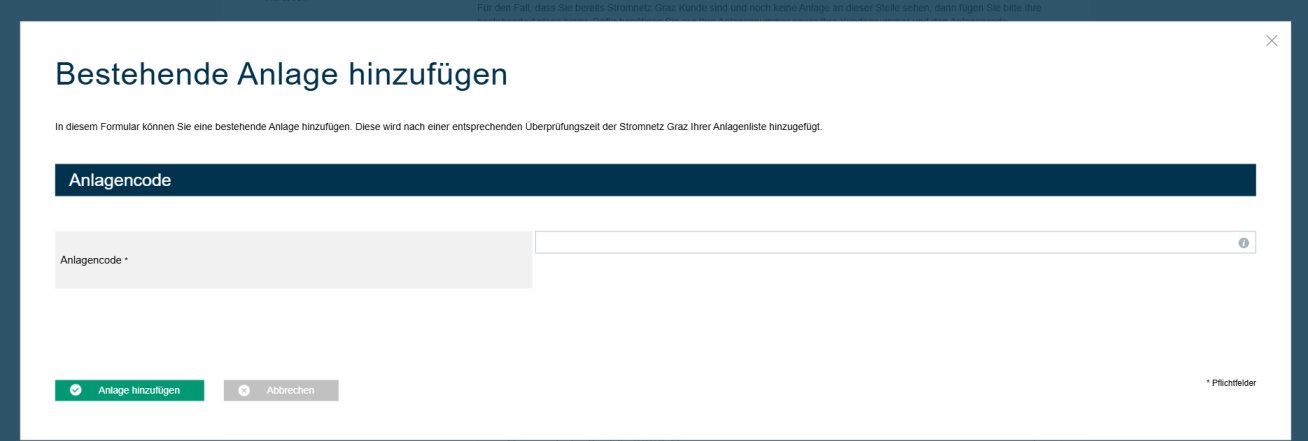 Dialog „Bestehende Anlage hinzufügen“ mit dem Eingabefeld „Anlagencode“ und dem Knopf „Anlage hinzufügen“.