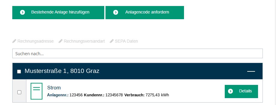 Anlagenliste im Serviceportal: eine Stromanlage mit Musteranschrift, Anlagen- und Kundennummer sowie dem Knopf „Details“.