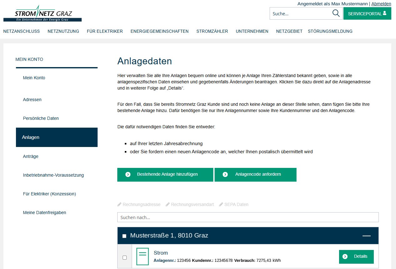 Seite „Anlagedaten“ im Serviceportal mit den Knöpfen „Bestehende Anlage hinzufügen“ und „Anlagencode anfordern“, darunter die Anlagenliste mit Musteranschrift.