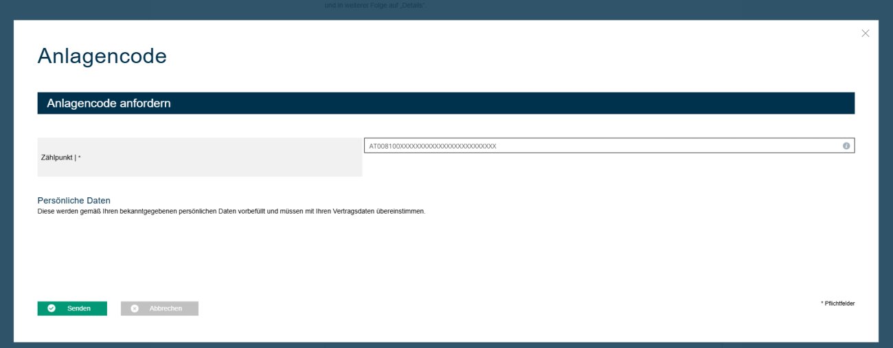 Dialog „Anlagencode anfordern“ mit dem Eingabefeld für den Zählpunkt (beginnt mit AT008100) und dem Knopf „Senden“.