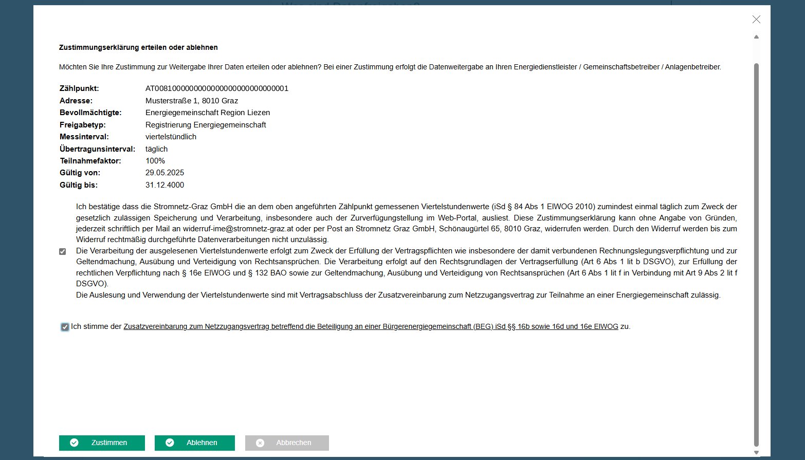 Dialog „Zustimmungserklärung erteilen oder ablehnen“ mit Zählpunkt, Adresse und Bevollmächtigter Energiegemeinschaft Region Liezen; beide Häkchen – Viertelstundenwerte und Zusatzvereinbarung zum Netzzugangsvertrag – sind gesetzt, unten der Knopf „Zustimmen“.