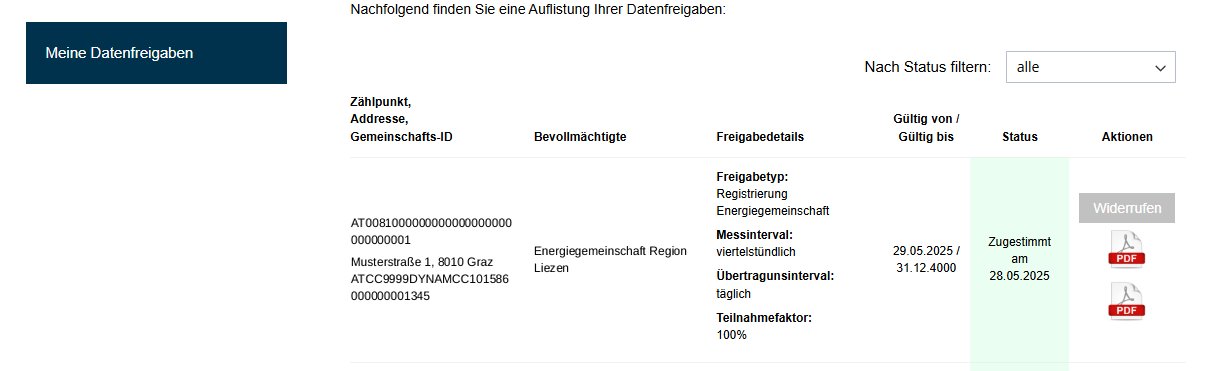Liste der Datenfreigaben: die Anfrage der Energiegemeinschaft Region Liezen steht jetzt auf „Zugestimmt am …“, rechts der Knopf „Widerrufen“.