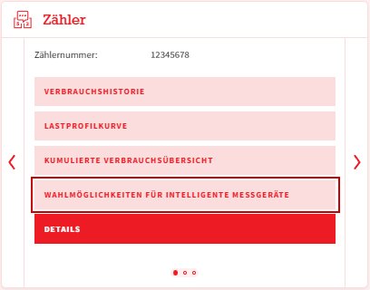 Kachel „Zähler“ im Kundenportal mit dem rot umrahmten Knopf „Wahlmöglichkeiten für intelligente Messgeräte“.