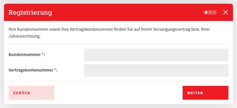 Fenster „Registrierung“ mit den Feldern Kundennummer und Vertragskontonummer und den Knöpfen „Zurück“ und „Weiter“.