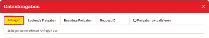 Fenster „Datenfreigaben“ mit den Reitern Anfragen, Laufende Freigaben, Beendete Freigaben und Request ID; der Reiter „Anfragen“ ist gelb markiert.
