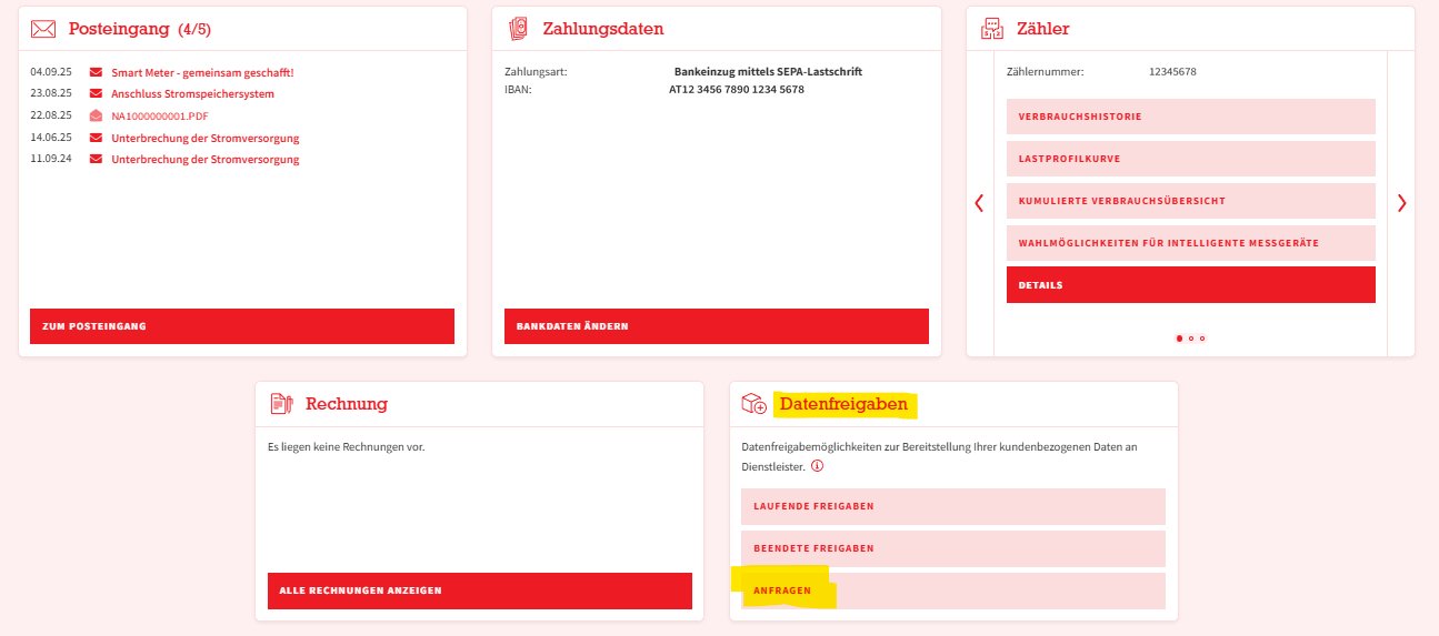 Unterer Teil der Startseite mit den Kacheln Posteingang, Zahlungsdaten, Zähler, Rechnung und Datenfreigaben; in der Kachel „Datenfreigaben“ sind die Überschrift und „Anfragen“ gelb markiert.