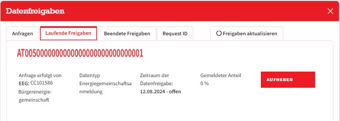 Fenster „Datenfreigaben“, Reiter „Laufende Freigaben“: ein Zählpunkt mit Anfrage von CC101586 (Bürgerenergiegemeinschaft) und dem Knopf „Aufheben“.