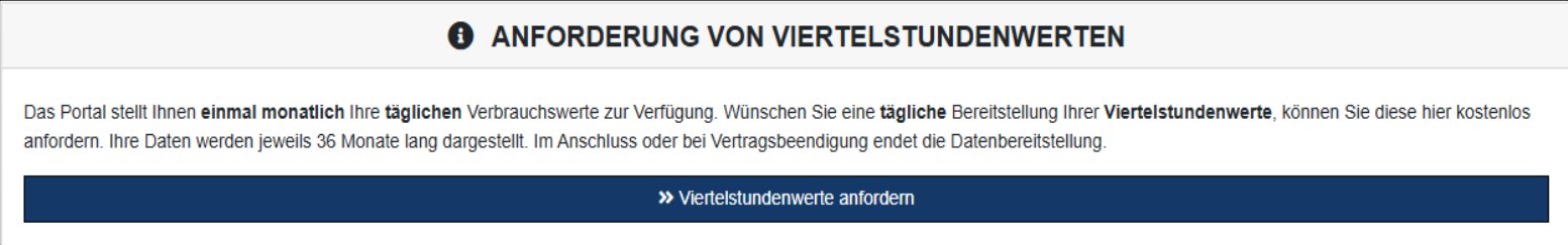 Kasten „Anforderung von Viertelstundenwerten“ mit Erklärtext und dem Knopf „Viertelstundenwerte anfordern“.