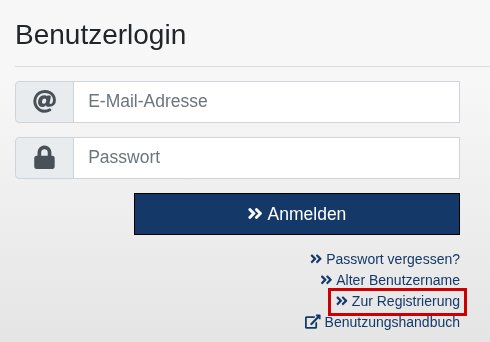 Anmeldeseite des vorarlberg netz Portals mit Feldern für E-Mail-Adresse und Passwort; der Link „Zur Registrierung“ ist rot umrahmt.