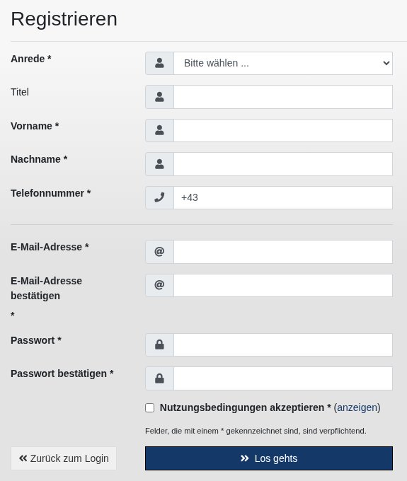 Formular „Registrieren“ mit Anrede, Titel, Vorname, Nachname, Telefonnummer, E-Mail-Adresse, Passwort, dem Häkchen für die Nutzungsbedingungen und dem Knopf „Los gehts“.